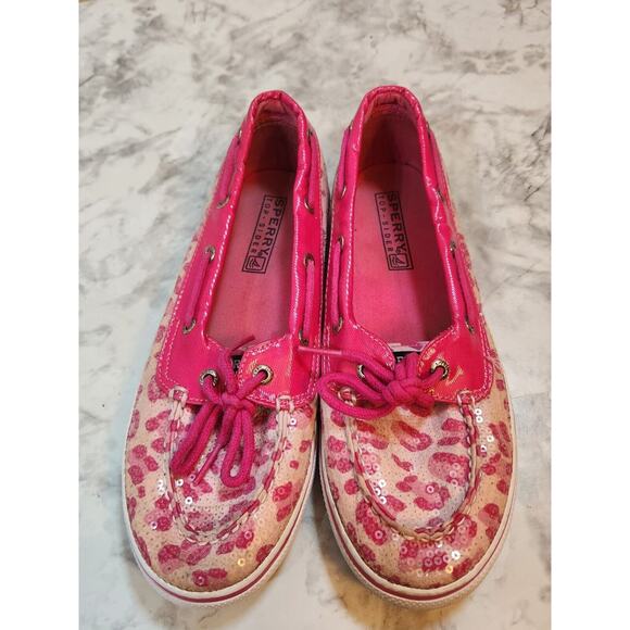 Sperry Top-Sider Girls Pink Leopard‎ Pattern Biscayne 1 Eye Sequin Boat Shoe 4M - Picture 5 of 8